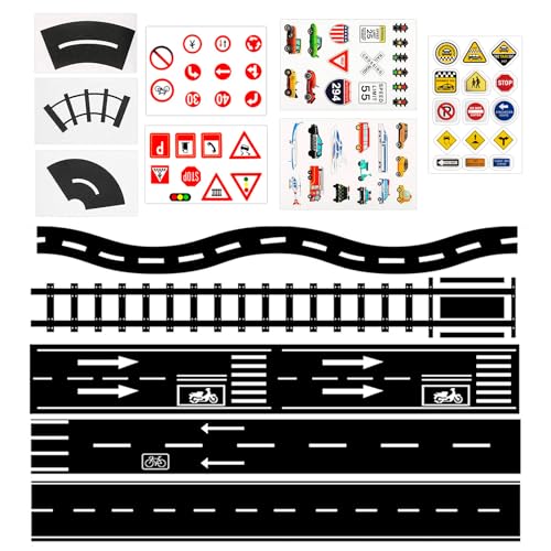 BQLYblink 5 Rollen Klebestrasse Klebeband Straße Kinder zum Aufkleben, DIY Abnehmbar Klebestreifen Strasse, Mit 8 Stück Verkehrsschildaufklebern und Autoaufklebern für Kinder Zur Verkehrsregel-Lernung von BQLYblink