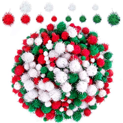 BQTQ 1200 Stücke Weihnachtliche Glitzer Pom Pom Fluffy Pom Balls Bunte Pailletten Shiny Lametta Pom Pom für Weihnachten DIY und Dekorationen, 4 Größen (Weiß, Grün,Rot) von BQTQ