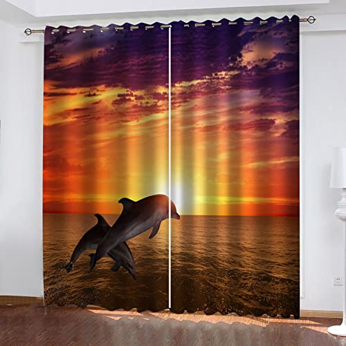 Blickdichte Gardinen 2Er Set, 3D Blick Auf Den Sonnenuntergang Am Strand Und Das Meer Muster Verdunkelungsvorhang Mit Ösen, Modern Thermo Vorhänge Für Schlafzimmer Wohnzimmer Kinderzimmer Küche Fenst von BRALEM