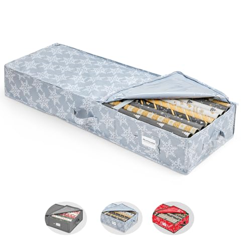 BRANTMAKER Geschenkpapier Aufbewahrung(103 * 35 * 15cm),Groß Geschenkpapier Organizer mit Oxford-Gewebe für Geschenkpapierrollen Zubehör,Grau und Weiße Schneeflocke von BRANTMAKER