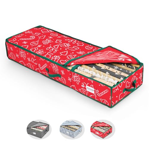 BRANTMAKER Geschenkpapier Aufbewahrung(103 * 35 * 15cm),Groß Geschenkpapier Organizer mit Oxford-Gewebe für Weihnachten Geschenkpapierrollen Zubehör,Rotes und Weißes Festliches Muster von BRANTMAKER