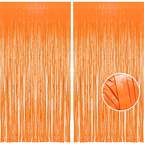 BRAVESHINE Lametta Vorhänge Orange, 1 x 2.5 m Folienfransen Party Vorhang Foto Hintergrund für Halloween Thanksgiving Erntedank Party Bagger Baufahrzeug Baustelle Basketball Kindergeburtstag 2 Stück von BRAVESHINE