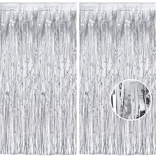 Glitzer Silber Metallic Lametta Folie Fransen Vorhänge,BRAVESHINE Sparkle Metallic Photo Booth Hintergrund Lametta Tür Vorhänge Für Weihnachten Geburtstagsfeier Hochzeit Disco Deko (2 Stück, 1x2,5 m) von BRAVESHINE