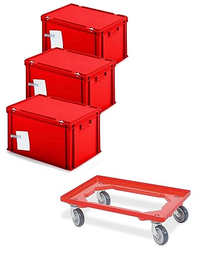 BRB 3x Ordner-Archivboxen für je 7 Ordner (A4, breiter Rücken), inkl. Transportroller (rot) von BRB