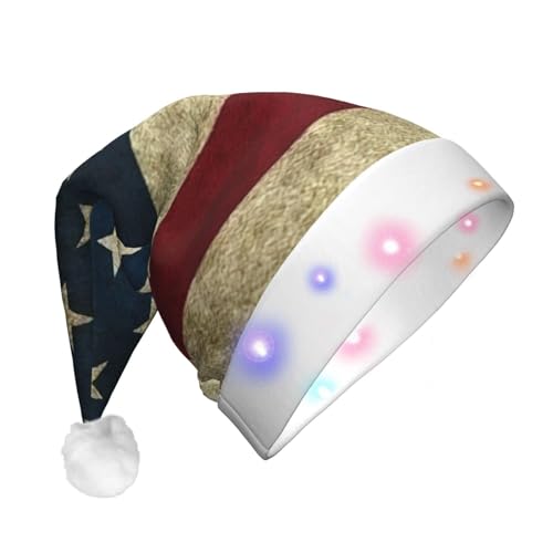 BREAUX Flanell Weihnachtsmannmützen mit amerikanischer Flagge, Unisex, Weihnachtsmannmütze mit LED-Lichtern, Plüschkappe von BREAUX