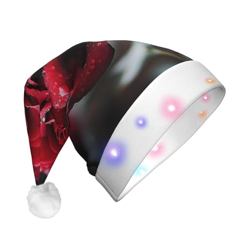 BREAUX Rote Rose Blumendruck Flanell Nikolausmützen Unisex Weihnachten Nikolausmütze mit LED-Lichtern Plüschmütze von BREAUX