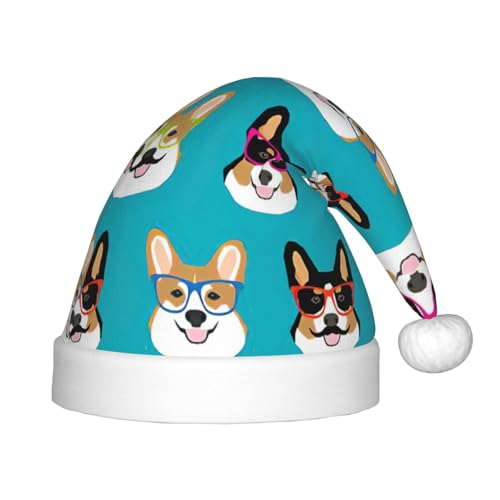 BREAUX Süße Corgi-Brille und Schnurrbärte Druck Weihnachtsmütze Samt Bequeme Weihnachtsmütze Neujahr Party Supplies von BREAUX