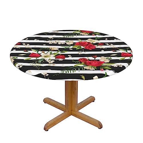 BREAUX Tischdecke mit schwarz-weißen Streifen und roten Rosen, rund, einseitig bedruckt, für Küche, Picknick, Camping von BREAUX