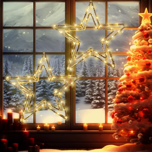 2 Stück Weihnachts-Fenstersternlichter, Dekorationen, batteriebetriebene LED-hängende Eisenlichter, 8 Beleuchtungsmodi für Zuhause, Schlafzimmer, Innen- und Außenbereich, Wanddekoration, warmweißer von BRIGHTDECK