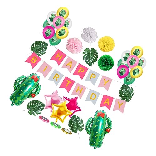 BRIGHTFUFU 38 Teiliges Set Hawaii Party Deko Aluminiumfolie Kaktus Luftballons Sternballons Papierblumen Latexballons Monstera Blätter Für von BRIGHTFUFU