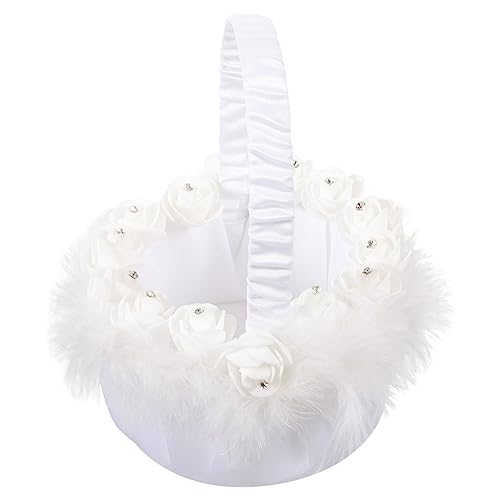 BRIGHTFUFU Braut Korb für Blumenkorb Dekorative Lagerplätze Spitze Hochzeit Blumenmädchen Hochzeitsblütenkorb Satin Feder Blütenblatt Körbe Süßigkeiten Partykorb Hochzeitsblumenmädchenkorb von BRIGHTFUFU