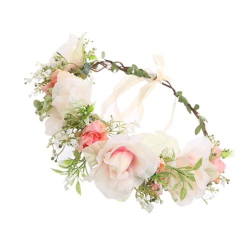 BRIGHTFUFU Girlande Stirnband Kopfschmuck Aus Blattbändern Stirnband Mit Blumenkrone Böhmischer Kopfschmuck Rosa Stirnband Hochzeit Braut Haarband Hochzeits-tiara Krone Kopfschmuck Stoff von BRIGHTFUFU