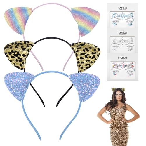 BRISKORE 6 Stück Leoparden Kostüm Damen Und Kinder Katzenohren Haarreif Gesichtstattoo Karneval Fasching Leopard Katzenohren Face Art Sticker für Maskerade, Geburtstagsfeier, Party Nacht von BRISKORE