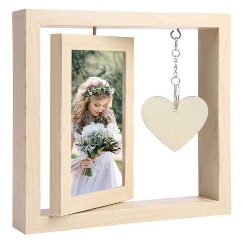 BRISKORE Bilderrahmen 10x15cm Geschenk für Mama Fotorahmen Holzrahmen Personalisiert Doppelseitiger Fotorahmen,Holz Drehbare Fotorahmen mit Herz Anhänger,DIY-Fotorahmen (Wood color) von BRISKORE