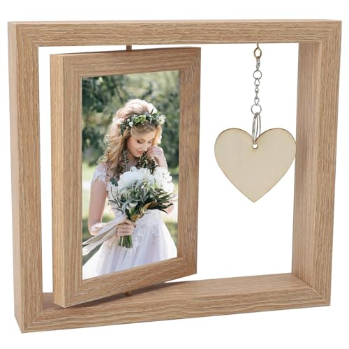 BRISKORE Bilderrahmen 10x15cm Geschenk für Mama Fotorahmen Holzrahmen Personalisiert Doppelseitiger Fotorahmen,Holz Drehbare Fotorahmen mit Herz Anhänger,DIY-Fotorahmen (Wood grain color) von BRISKORE