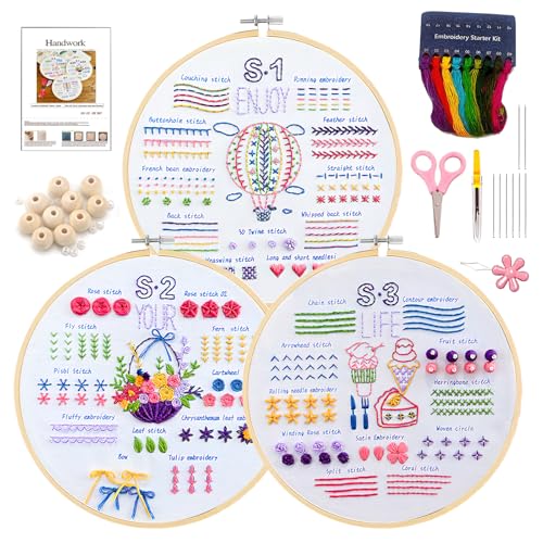 BRISKORE Stickset für Anfänger, 3 Stück Anfänger Stickerei Set Blumenmuster Pflanzen Sticken Set Embroidery Kit Stickerei Set Kunststoff-Stickrahmen Kreuzstich Set für DIY Kunst Handwerk Nähen von BRISKORE