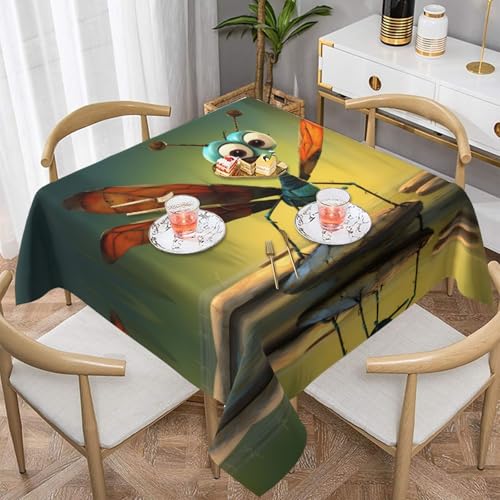 BROLEO Wasserdichte dekorative Tischdecke, 137 x 137 cm, quadratisch, warm und weich, gute Faltenbeständigkeit, waschbar und wiederverwendbar, Cartoon-Libellenbild von BROLEO