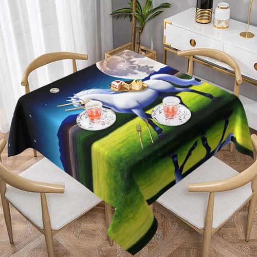 BROLEO Wasserdichte dekorative Tischdecke, 137 x 137 cm, quadratisch, warm und weich, gute Faltenbeständigkeit, waschbar und wiederverwendbar, Mondpferd-Bild von BROLEO