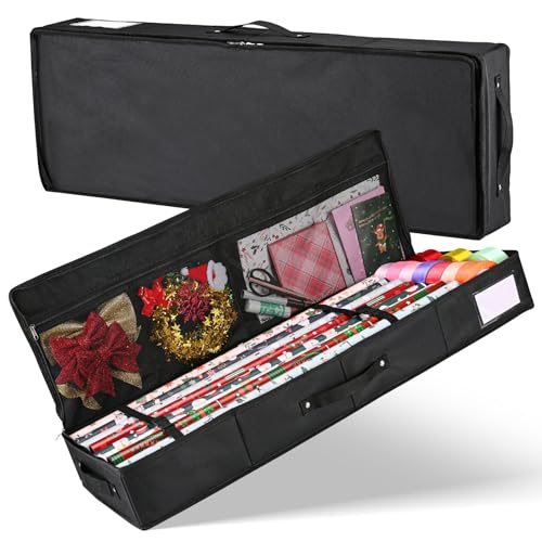 BROSYDA Geschenkpapier Aufbewahrung, 600D Oxford-Gewebe, Reißfest, 90x30x12cm, Innentaschen für Schleifen, Karten und Bänder. Geschenkpapier-Organizer für Weihnachtspapier, Dekorationen von BROSYDA