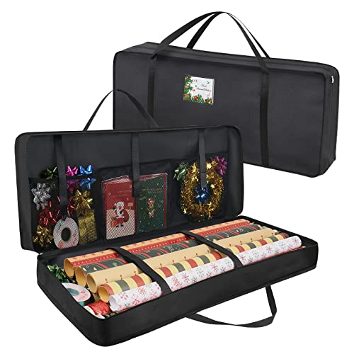 BROSYDA Geschenkpapier Aufbewahrung 600D Oxford Tuch reißfest, 82x13x34cm, mit Innentaschen für Schleifen, Anhänger und Bänder, Geschenkpapier Organizer für Weihnachtsgeschenkpapier, Dekorationen von BROSYDA