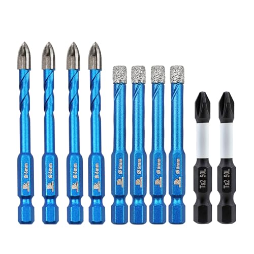 BRSCHNITT Diamond Drill Bit,with Phillips PH2 Magnetic Anti Slip Screwdriver Bit - 1/4"*4Dry Tile Drill Bit Set for Porcelain Tile Ceramic Stone Granite Marble (10pcs) von BRSCHNITT