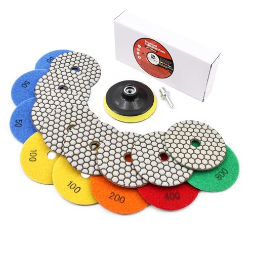 BRSCHNITT Dry Diamond Polishing Pads Set 4 Inch Grit 50x3/100x2/200/400/800 - Dry Polish Pad Kit 8pcs for Granite Marble Concrete Quartz Marble Floor Polishing Plus a M14 Plastic Backer and Adapter von BRSCHNITT