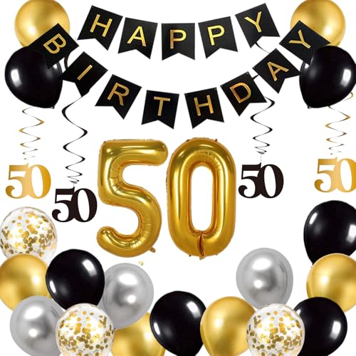 BRT Bearingshui Schwarz und Gold 50 Geburtstag Party Dekorationen für Sie und Ihn, Happy Birthday Banner, Folienballon Nummer 50, Schwarz und Gold Geburtstag Dekorationen Supplies von BRT Bearingshui