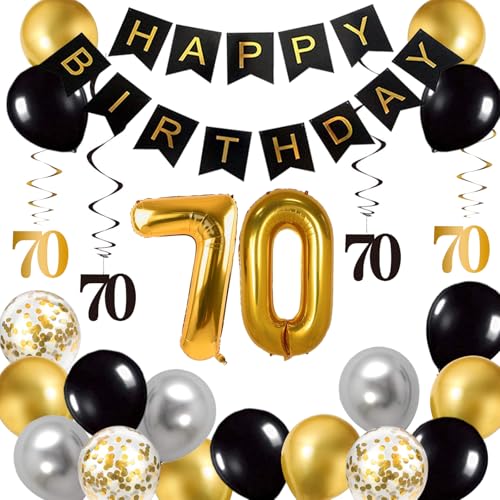 BRT Bearingshui Schwarz und Gold 70 Geburtstag Party Dekorationen für Sie und Ihn, Happy Birthday Banner, Nummer 70 Folienballon, Schwarz und Gold Geburtstag Dekorationen Supplies von BRT Bearingshui