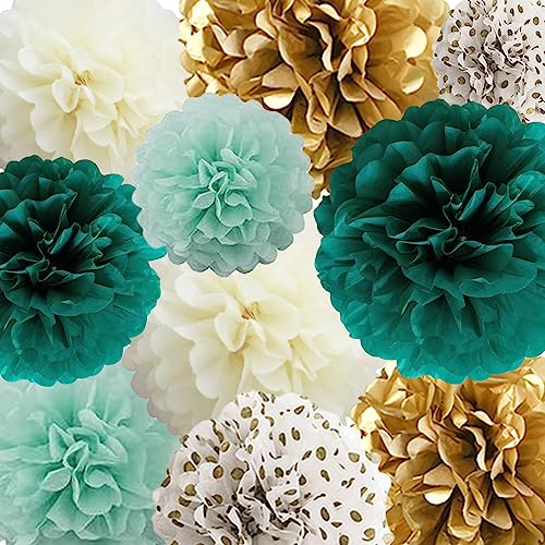 Seidenpapier-Pompons, Papierblumen, 22 Stück, grün, gepunktet, goldfarben, cremefarben, Papierblumenkugel für Geburtstag, Junggesellinnenabschied, Hochzeit, Babyparty, Brautparty, Party-Dekoration von von BRT Bearingshui