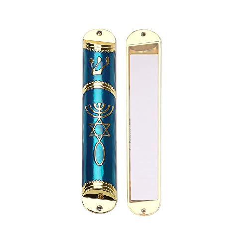 BRTAGG Mesusa mit doppelseitigem Klebeband, 14 cm hoch, Blau & Gold Mezuzah zum einfachen Abziehen und Aufkleben (für 12 cm Schriftrolle) von BRTAGG