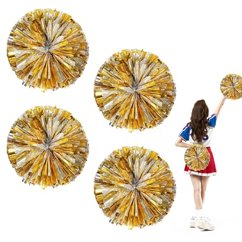 4 Stück Cheerleading Pompoms, Metallisch Cheerleading Pompons Kinder, Cheerleader Pompons Handblumen Metallfolie Cheerleading Pom Poms Tanzpuschel für Spiele Sport Wettbewerb (Gold Silber) von BRTNUP