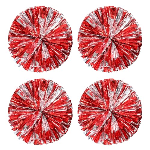 4 Stück Cheerleading Pompoms, Metallisch Cheerleading Pompons Kinder, Cheerleader Pompons Handblumen Metallfolie Cheerleading Pom Poms Tanzpuschel für Spiele Sport Wettbewerb (Rot Silber) von BRTNUP