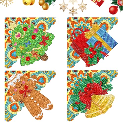 4 Stück Weihnachten Diamond Painting, Diamant Malerei Lesezeichen Kits, DIY Diamant Malen Ecklesezeichen, Lebkuchenmann, Weihnachtsbaum, Geschenk-Box, Glocken Diamond Painting Lesezeichen von BRTNUP