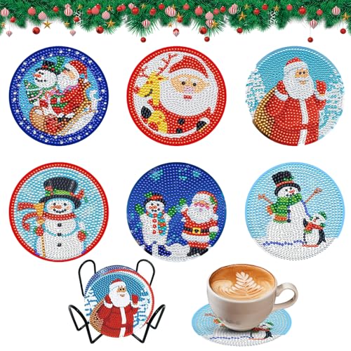 6 Stück Weihnachts-Weihnachtsmann-Diamant-Malerei-Untersetzer-Set, Diamond Painting Untersetzer Weihnachten, Weihnachts-Untersetzer mit Halterung für Tassen, Weingläser, Vasen und Heimküche von BRTNUP