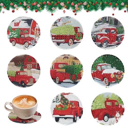 8 Stück Weihnachts-Weihnachtsmann-Diamant-Malerei-Untersetzer-Set, Diamant Kunst Auto Cup Coaster, Diamond Painting Untersetzer Weihnachten für Tassen, Weingläser, Vasen und Heimküche von BRTNUP