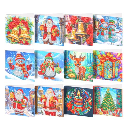 BRTNUP 12 Stück Weihnachten Diamond Painting Set, Weihnachtsmann Christmas Diamond Painting Karten Greeting Cards, Christmas Diamond Painting Greeting Cards für Geburtstag Thanksgiving Day von BRTNUP