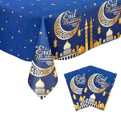 BRTNUP 2 Stück Eid Tischdecken Mubarak Ramadan Tischdecke 137x274 cm Große Mond und Stern Tischdecke, Wasserdicht Kunststoff Rechteckige Tischdecke für Eid Mubarak Ramadan Muslim Party (Blau Gold) von BRTNUP