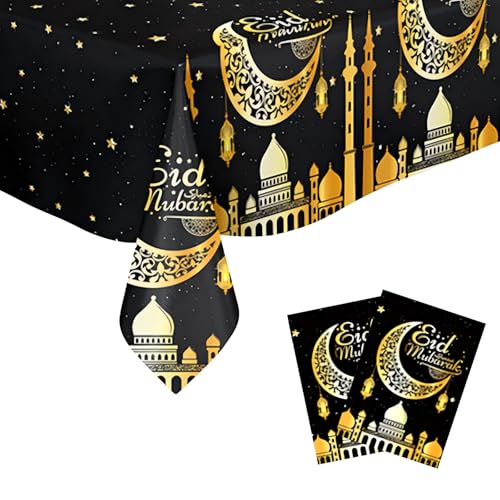 BRTNUP 2 Stück Eid Tischdecken Mubarak Ramadan Tischdecke 137x274 cm Große Mond und Stern Tischdecke, Wasserdicht Kunststoff Rechteckige Tischdecke für Eid Mubarak Ramadan Muslim Party (Schwarz Gold) von BRTNUP