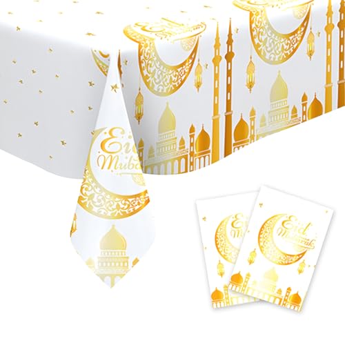 BRTNUP 2 Stück Eid Tischdecken Mubarak Ramadan Tischdecke 137x274 cm Große Mond und Stern Tischdecke, Wasserdicht Kunststoff Rechteckige Tischdecke für Eid Mubarak Ramadan Muslim Party (Weiß Gold) von BRTNUP