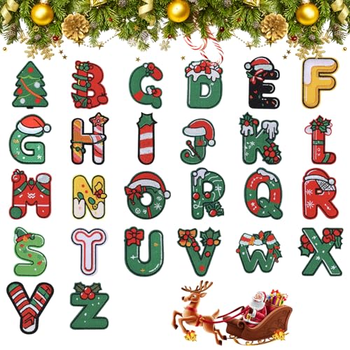 BRTNUP 26 Stück Weihnachtspatches Aufbügeln Buchstaben Aufnäher Applikations Set Gestickte Alphabet Patches für Weihnachts Taschen Kleidung Dekoration oder Reparaturen und Jeans Kostüme Mützen DIY von BRTNUP