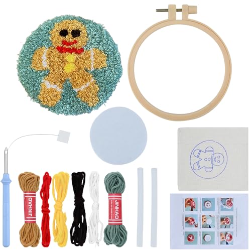 BRTNUP Weihnachten Punch Nadel Hoop Kit, Weihnachten Stanznadel-Untersetzer-Set, Craft Punch Needle Untersetzer Kit, DIY Needle Punch Handwerk Stickerei Kit (gelber Lebkuchenmann) von BRTNUP