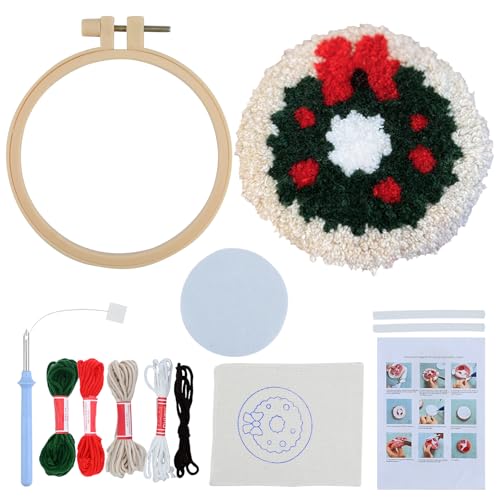 BRTNUP Weihnachten Punch Nadel Hoop Kit, Weihnachten Stanznadel-Untersetzer-Set, Craft Punch Needle Untersetzer Kit, DIY Needle Punch Handwerk Stickerei Kit (grüner Kranz) von BRTNUP