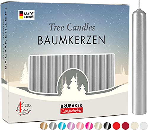 BRUBAKER 20er Pack Baumkerzen Wachs - Weihnachtskerzen Pyramidenkerzen Christbaumkerzen - Silber von BRUBAKER