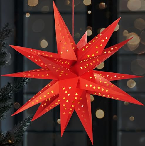 BRUBAKER 3D Weihnachtsstern für Innen - 60 cm XXL Leuchtstern - Batteriebetrieben mit Timer - LED Stern Hängend - Adventsstern für Fensterdeko und Weihnachtsdeko - Papierstern Weihnachten - Rot von BRUBAKER