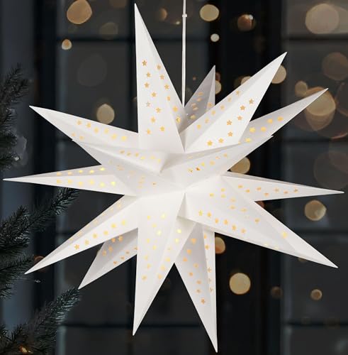 BRUBAKER 3D Weihnachtsstern für Innen - 60 cm XXL Leuchtstern - Batteriebetrieben mit Timer - LED Stern Hängend - Adventsstern für Fensterdeko und Weihnachtsdeko - Papierstern Weihnachten - Weiß von BRUBAKER