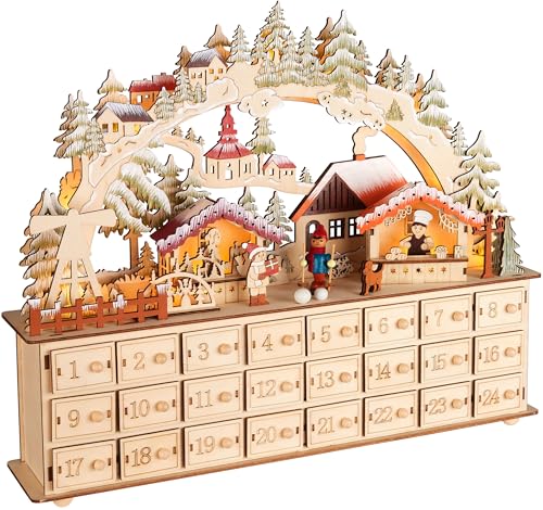 BRUBAKER Adventskalender zum Befüllen - Weihnachtsdorf 2024 - Weihnachtskalender aus Holz mit LED Beleuchtung - Dorf mit Kindern, Bäckerei, Hund und Wald - 40 cm Kalender mit Bogen - Beleuchtet von BRUBAKER