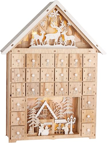 BRUBAKER Adventskalender zum Befüllen - Weihnachtshaus 2024 - Weihnachtskalender aus Holz mit LED Beleuchtung - Rentiere im Wald, Schnee Dorf mit Kindern - 40 cm Haus Kalender Beleuchtet von BRUBAKER