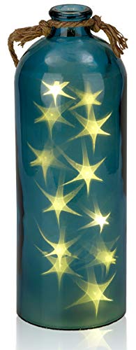 BRUBAKER Lichterflasche mit 10 LED Sternen zum Aufhängen 11 x 31,5 cm Blau von BRUBAKER