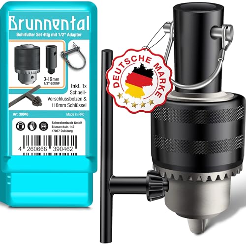 BRUNNENTAL ® Zahnkranzbohrfutter 3.0-16MM 1/2-20UNF - Bohrfutter Set mit Adapter + Flügelbolzen + Bohrfutterschlüssel für Universalbohrer von BRUNNENTAL