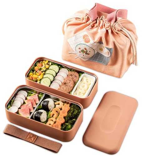 BRYN 1120ml Brotdose mit Fächern, Lunchbox + Saucenbox + Besteck + Lunchtasche, Bento Box Mikrowelle für Picknick, Schule, Büros, Erwachsene, Kinder（Edelstahl/Orange） von BRYN